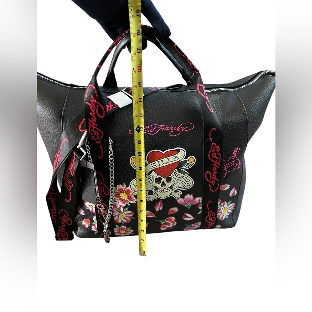 Ed Hardy Black Floral Skull Embroidery Tote Bag - Picture 11 of 11